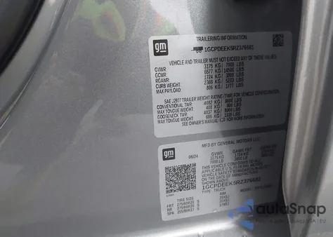 2024 Chevrolet Silverado 1500 4Wd Short Bed Rst из США, поврежденный, VIN 1GCPDEEK5RZ376681